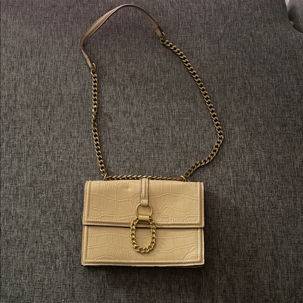 Zara Cream Croc-Embossed Crossbody with Gold Hardware